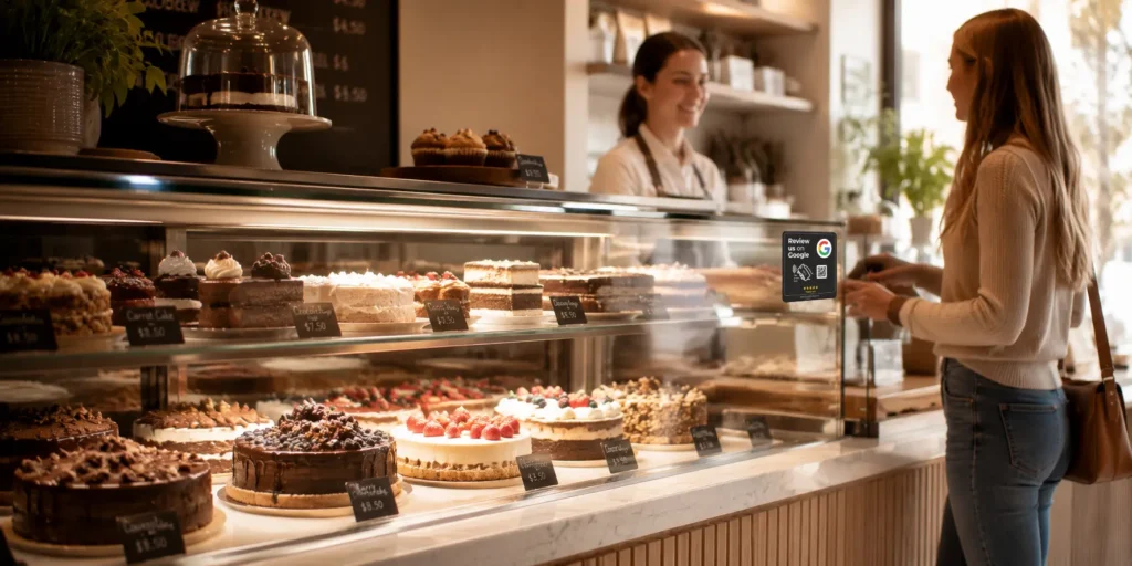 review tile on cake shop display cabinet.webp